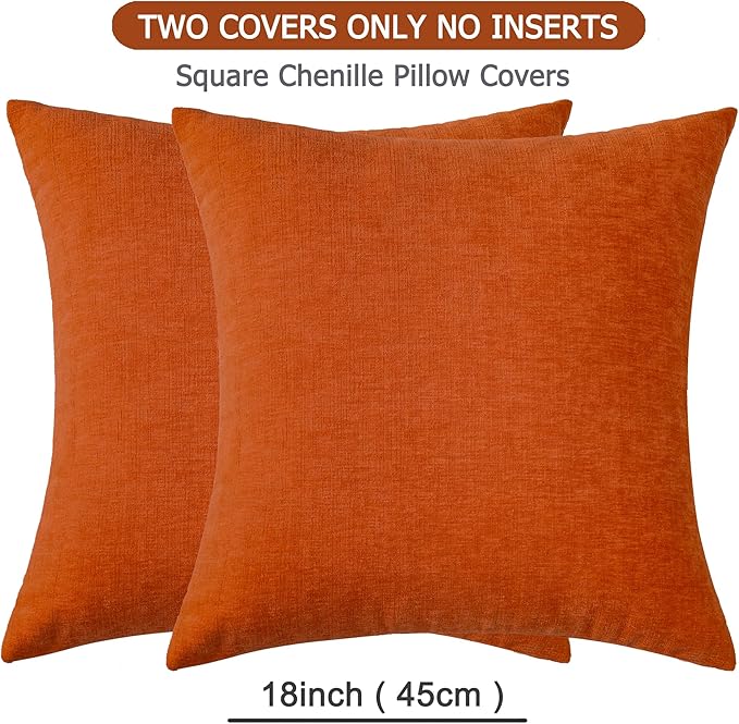GAWAMAY Decorative Square Throw Pillow Covers 18"x18" Inch Set of 2, Super Soft Chenille Pillows Farmhouse Fall Pillowcase for Living Room Bedroom Sofa Couch Cushion Cover Burnt Orange 45x45cm