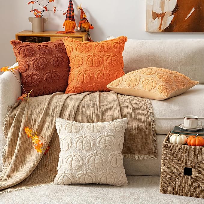 MIULEE Fall Pumpkin Pillow Covers 18x18 Inch Set of 4 - Soft Cozy Plush Decorative Pillows with Embroidered Pumpkin Pattern Autumn Halloween Holiday Decor for Sofa Couch Bed Living Room,Rust-Beige
