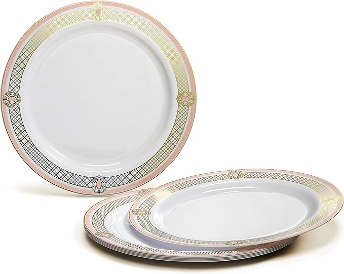 " OCCASIONS " 240 Plates Pack,(120 Guests) Premium Wedding Party Disposable Plastic Plates Set -120 x 10.25'' Dinner + 120 x 7.5'' Salad/Dessert (Royal in White/Blush & Gold)