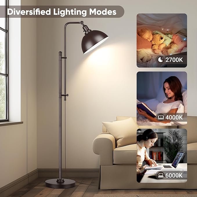 PARTPHONER Industrial Floor Lamp Adjustable, Rustic Farmhouse Reading Lamp in Aged Brown Finish Modern Standing Lamp with Remote Control Metal Shade for Living Room Bedroom Study Room Office Hotel