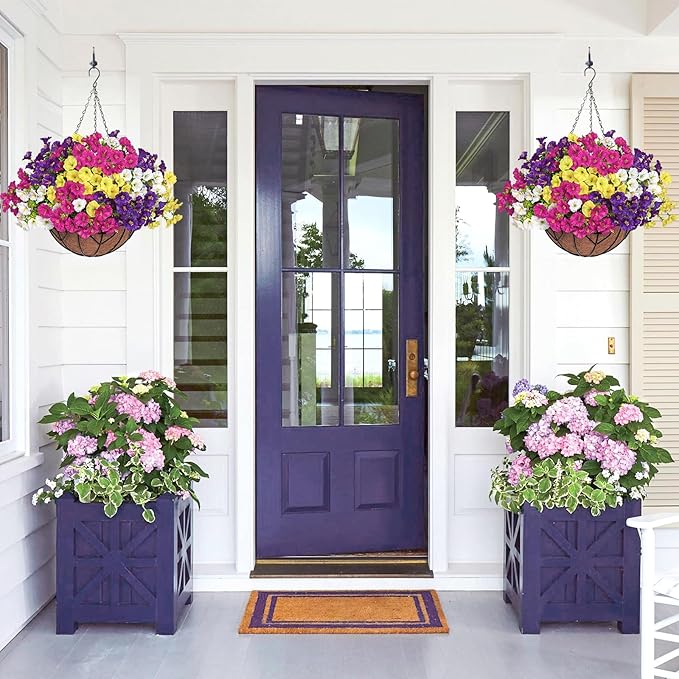 KHOYIME Artificial Hanging Flowers Plants Basket for Outdoors Indoor, 2 Set Faux Silk White Yellow Purple Fuchsia Morning Glory Fake Eucalyptus Planters UV Resistant Spring Summer Home Garden Decor