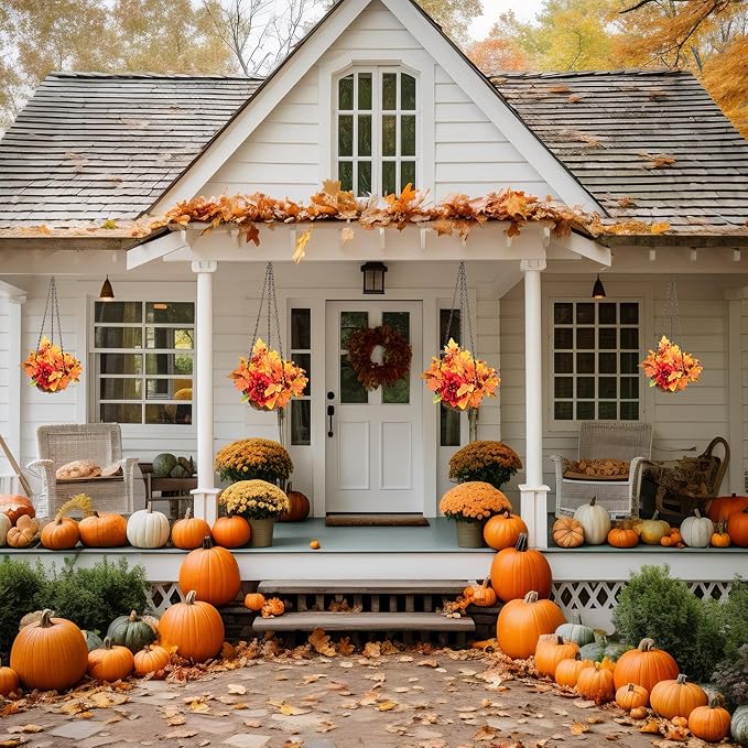Artificial Faux Maple Leaves Hanging Plants Flowers Basket for Outdoors Autumn Decoration, Silk Maple Leaf Peony Dahlia Look Real Fake Flowers for Porch Outside Patio Balcony Yard Home Garden