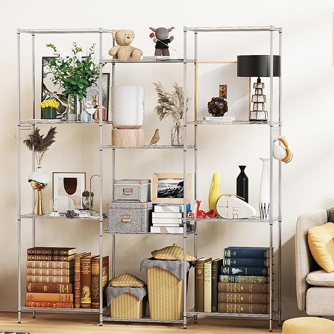 Homdox 6-Tier Storage Shelf Wire Shelving Unit Free Standing Rack Organization with Adjustable Leveling Feet, Stainless Side Hooks, Silver