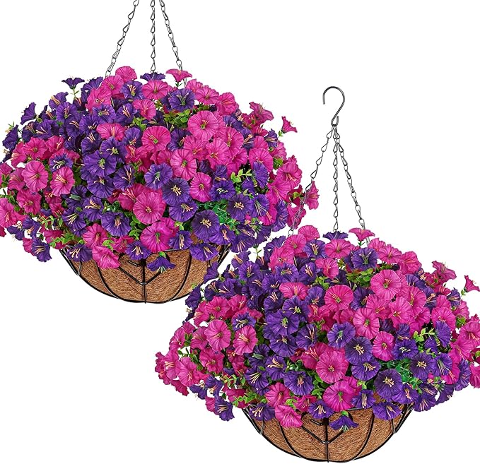 KHOYIME Artificial Hanging Flowers Plants Basket for Outdoors Indoor, 2 Set Faux Silk Purple Fuchsia Morning Glory Fake Eucalyptus Planters UV Resistant Spring Summer for Decor Home Garden Porch Patio