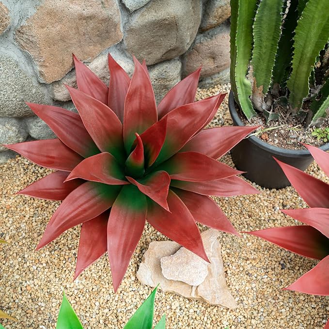 Artificial Agave 22" Faux Agave Fake Greenery Outdoor Artificial Plant Fake Plant for Indoor Home Decoration Plastic Plant Outdoor Decor Front Porch Decor Simulation Plants (Red 2Pcs) No Vase