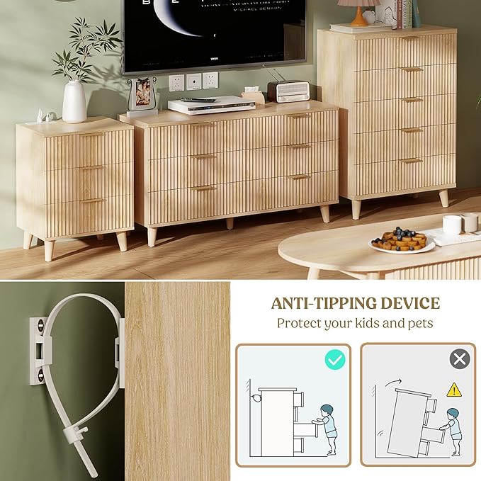 Lulive Dresser for Bedroom Wood Tall Dressers Drawers, Fluted Modern Dresser 5 Drawers Natural