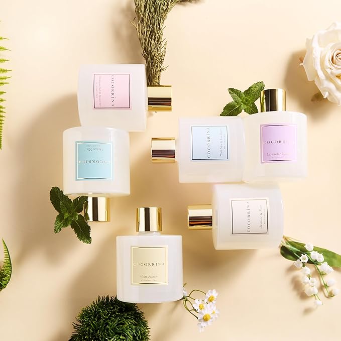 COCORRÍNA Reed Diffuser - Lavender Garden 6.7 Fl.oz Reed Diffuser Set with Sticks & Preserved Baby's Breath, Reed Diffuser for Home Bathroom Shelf Decor