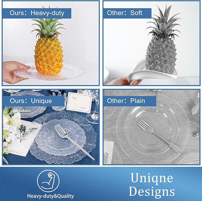 U-QE 60 Pieces Clear Plastic Plates for Party - Disposable & Reusable - Reef Disposable Plates - Premium Hard Plastic Plates for Wedding - Including 30 Dinner Plates 10 '' & 30 Dessert Plates 7 ''
