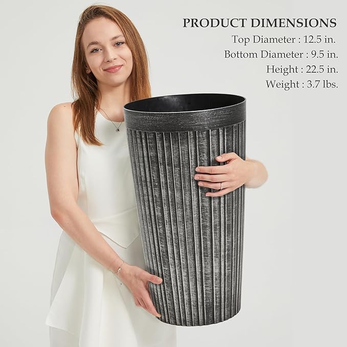 Worth Garden 22.5" H. Plastic Planters - Set of 2 Vintage Black Tall Conical Plant Pots for Indoor Outdoor Use - Decorative Lightweight Flower Pots for Front Porch, Patio, Deck - 12.5" Dia x 22.5" H