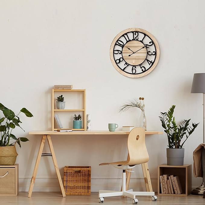 Maxstar 16'' Wall Clock for Living Room Decor, Ultra-Silent Rustic Wooden Farmhouse Wall Clock with Metal & Real Wood Frame, Battery Operated, for Kitchen Bedroom Office, Arabic Numerals