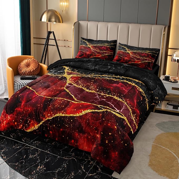 Red Black Comforter Set Black Gold Marble Bedding Set King Size Burgundy Dark Red Gothic Hippie Comforter Watercolor Retro Bedding Comforter
