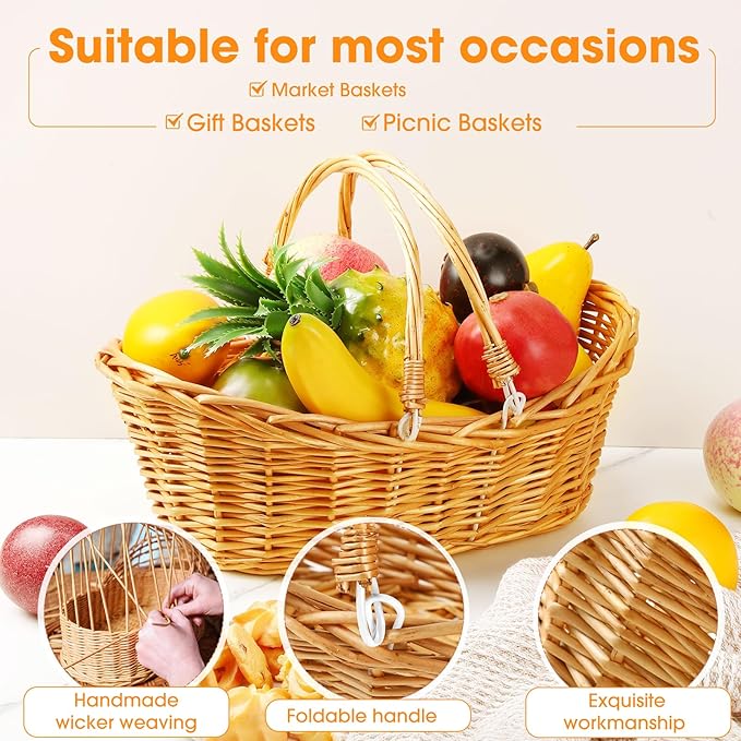 Wesiti 6 Pcs Wicker Picnic Basket with Handle, Hand Woven Harvest Basket Bulk, Wicker Flower Hoppet for Storage, Picnics, Easter, Organizing, Egg Gathering, Candy, Wedding(Light Brown)