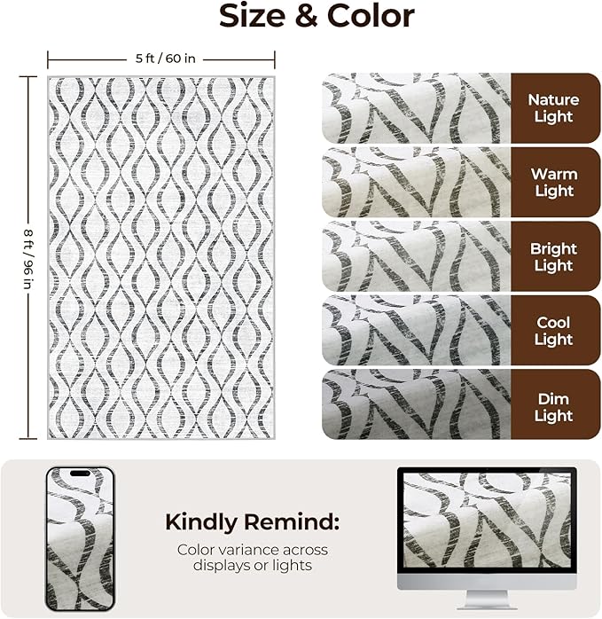 WITSHOCK Area Rugs for Living Room 5x8: Washable Non-Slip Soft Geometric Large Indoor Rug for Bedroom Dining Room, Low Pile Boho Pattern Carpet for Nursery Playroom Decor, Kid & Pet Friendly, Grey