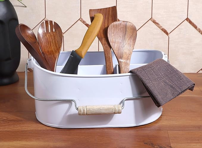 Alpha Living Home Farmhouse 4-Section Galvanized Utensil Caddy - Versatile Organizer for Kitchen, Party & Outdoor Events (Snow White) - Rustic Silverware Holder, Cutlery Organizer, Picnic (White)