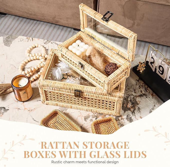 Rattan Display Boxes with Glass Lids - Rectangular Decorative Storage Box for Shelf - Set of 2 Woven Wicker Boho Cane Decor Organizers - 2 Removable Rattan Storage Trays