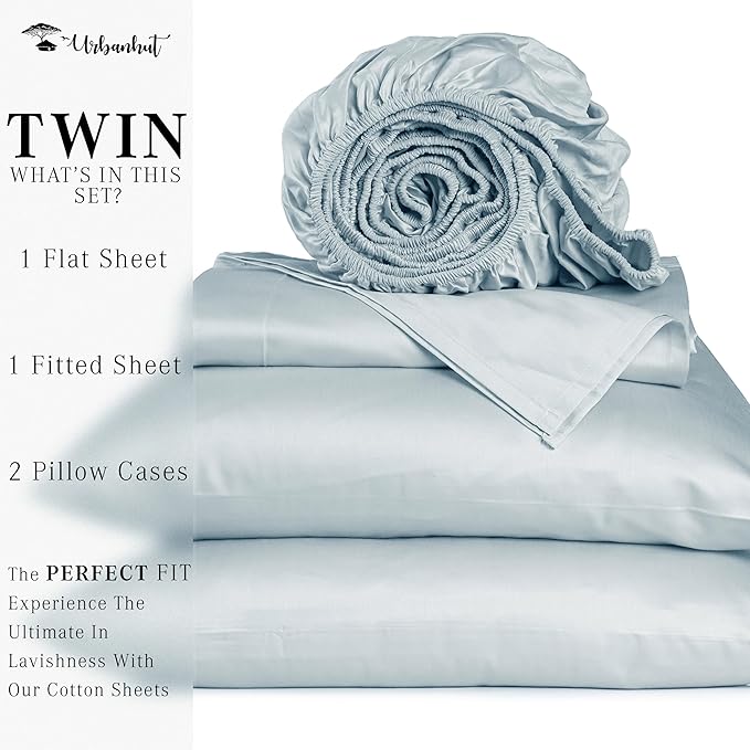 URBANHUT 700 Thread Count Twin Size Egyptian Cotton Sheets, 4Pc Sheet Set Soft Luxury Bed Sheets for Twin Size Bed, Sateen Weave Hotel Sheets, 14'' Elasticized Deep Pocket - Light Blue.