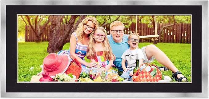 13.5x40 Frame with Mat - Silver 16x43 Frame Wood Made to Display Print or Poster Measuring 13.5 x 40 Inches with Black Photo Mat