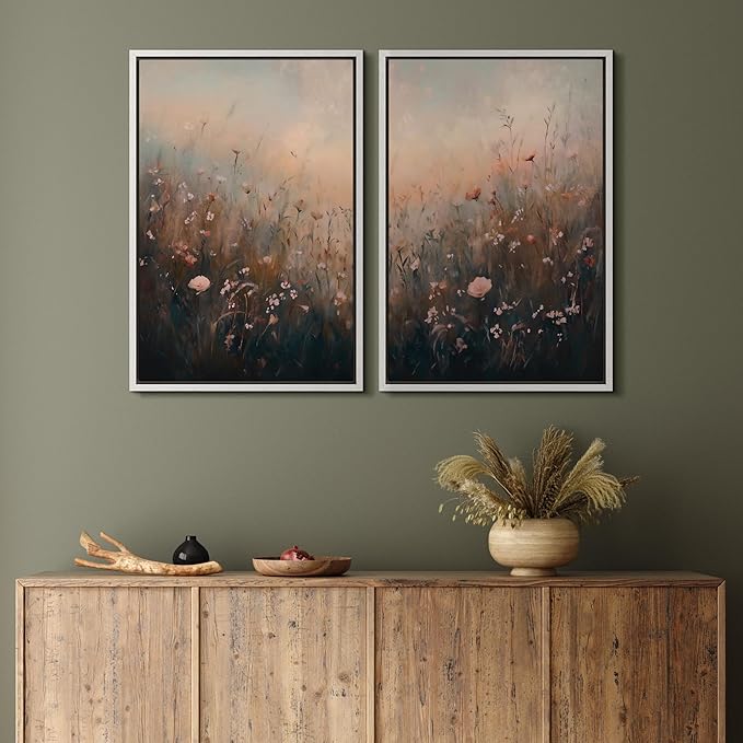 MUDECOR Framed Canvas Print Wall Art Forest and Lake Landscape Vintage Nature Scenery Illustrations Modern Art Decorative Bohemian Chic for Living Room, Bedroom, Office - 24"x36"x2 White