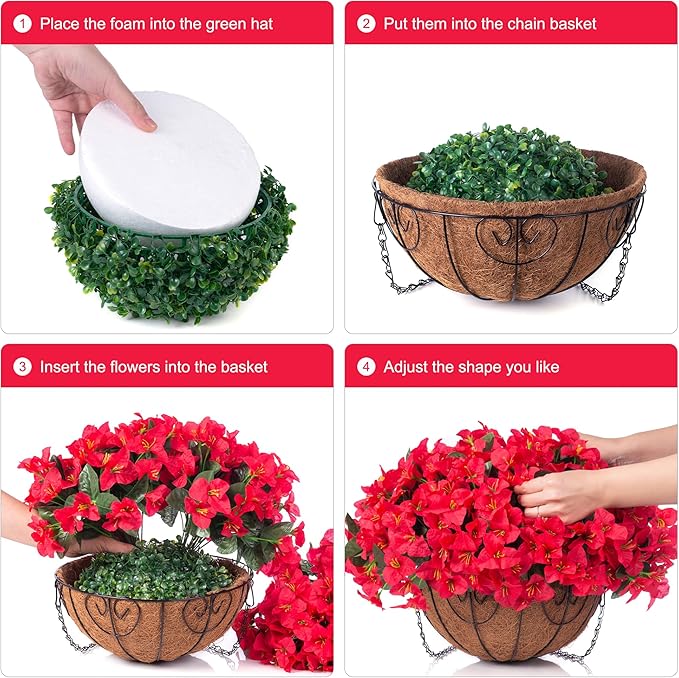 Artificial Fake Hanging Flowers for Outdoors with Basket Faux Plants Silk Bougainvillea Flower in Planter Look Real UV Resistant Faux Flower for Outside Porch Patio Garden Yard Home Decor, Red