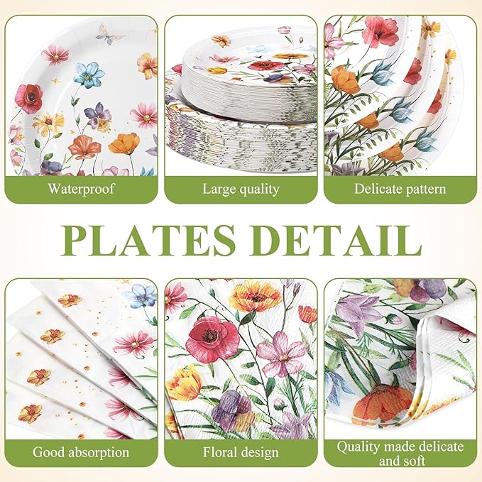 400 Pcs Wild Floral Disposable Paper Plates Napkins Cups Serve 50 Watercolor Floral Tableware Set for Spring Wedding Tea Party Decoration Bridal Shower Baby Shower(Cute Color,Novel Style)