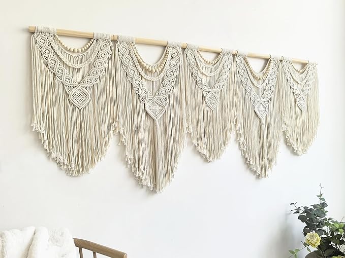 Extral Large macrame wall hanging, 71'' W x 32'' L boho wall art tapestry wall decor for urban entryway,living room,bedroom decor, headboard woven wall art, big fiber art over couch art for Yarn hallway (Wood Bead-B)