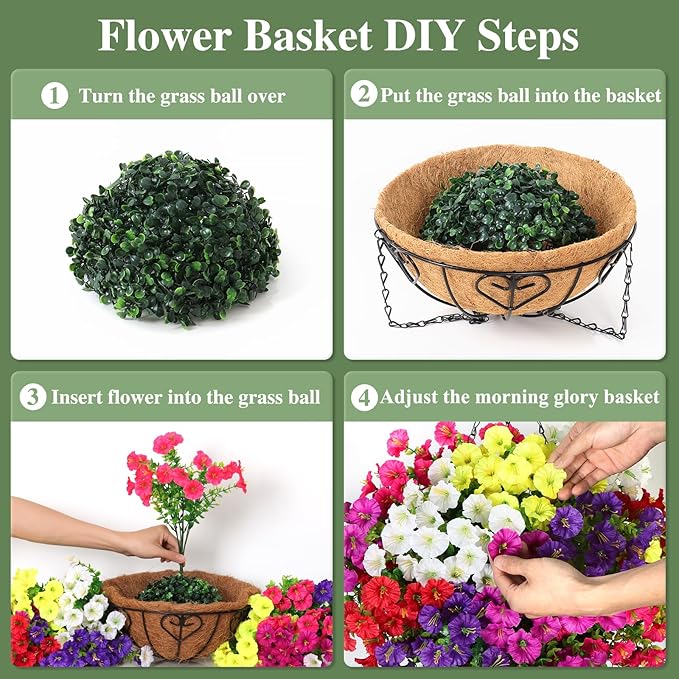KHOYIME Artificial Hanging Flowers Plants Basket for Outdoors Indoor, 2 Set Faux Silk White Yellow Purple Fuchsia Red Pink Morning Glory Fake Eucalyptus Planters Spring Summer Home Garden Patio Decor