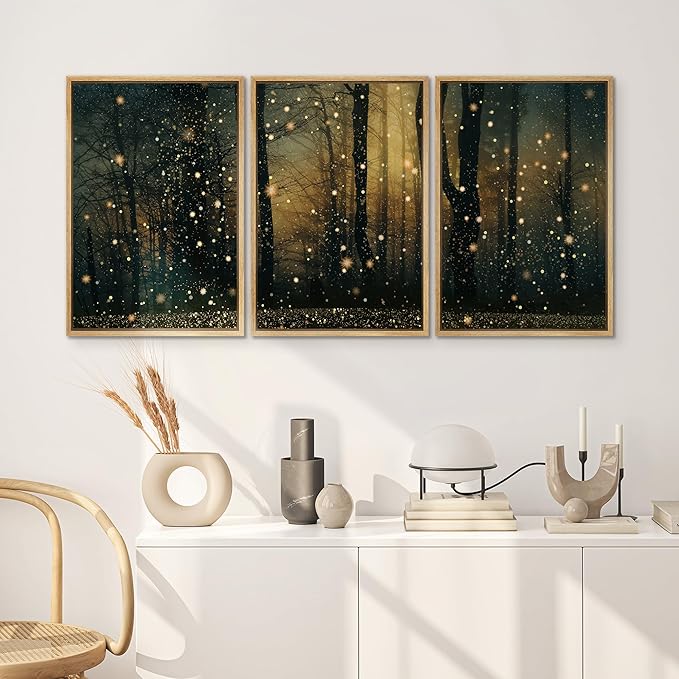 SIGNWIN Framed Wall Art Print Set Enchanted Forest with Fireflies Magical Night Woodland Photography Modern Art Closeup Relax/Calm Dark for Living Room, Bedroom, Office - 24"x36"x3 Natural