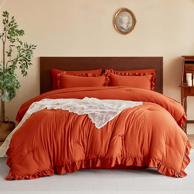MR&HM King Comforter Set 7 Pieces, Soft Ruffled Bedding Set Terracotta, Farmhouse Shabby Chic Bed in a Bag with 1 Comforter, 1 Flat Sheet, 1 Fitted Sheet, 2 Pillowcases & 2 Pillow Shams