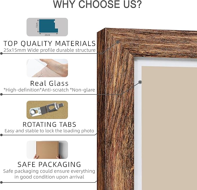 11x14 Picture Frame Set of 2, Made of Real Glass and Rustic Brown Wooden Frame, Display 8x10 Pictures with Mat or 11 x 14 Posters without Mat for Wall Mounting, Gallery Photo Frames