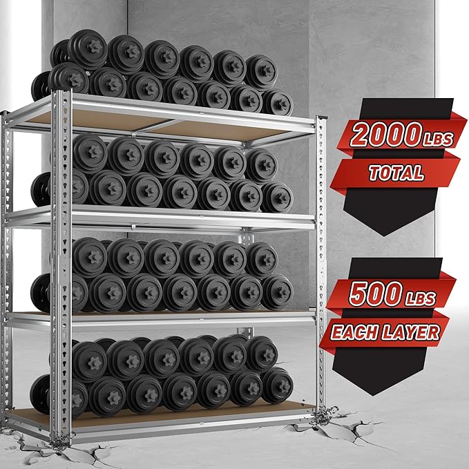 REIBII 40" W Garage Shelving 2000LBS Storage Shelves Adjustable Metal Shelving 4 Tier Pantry Shelves for Garage Closet Kitchen Basement 40" W x 19.7''D x 60''H, Silver