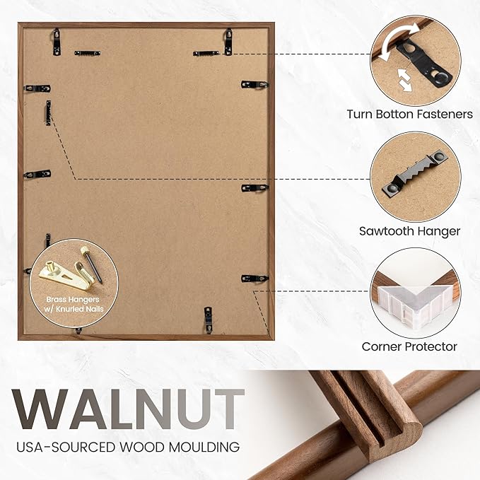 11x14 Picture Frame with 8x10 Mat, USA-Sourced Natural Walnut Wood Photo Collage Frame with HD Tempered Glass, Double Mortise and Tenon Strips, Wall Display Horizontally and Vertically, 3 Pack