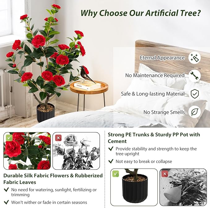 Goplus 38’’ Artificial Camellia Tree, 2 Pack Flower Plants Artificial Tree, Faux Floral Plant Blooming Tree in Cement Pot, Greenery Potted Plant for Indoor Outdoor Office Home Porch Decor
