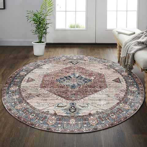 vivorug Round Rug 5FT Vintage Round Area Rug Non-Slip Indoor Carpet for Living Room Bedroom Entryway, Stain Resistant Home Decor Circle Rug, Brown
