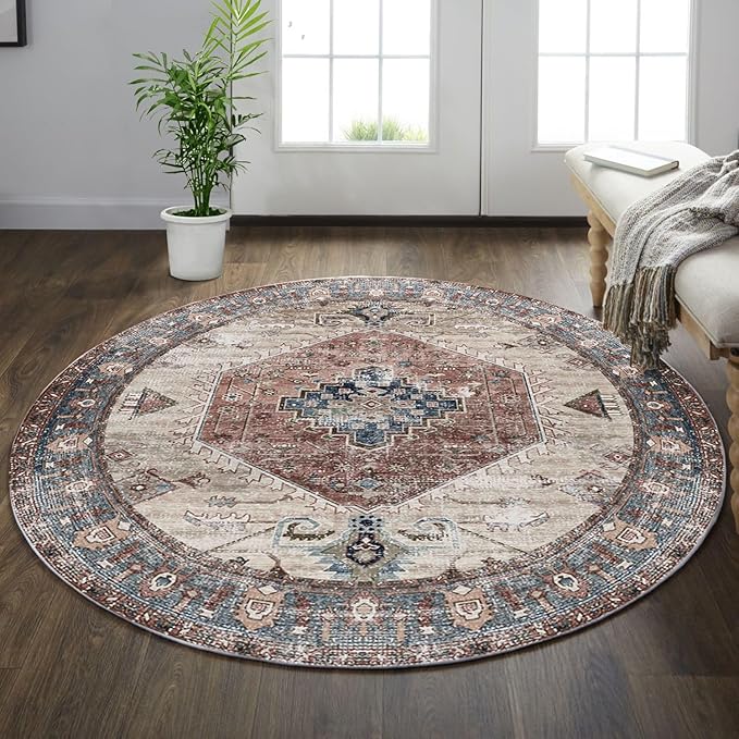 vivorug Round Rug 4FT Vintage Round Area Rug Non-Slip Indoor Carpet for Living Room Bedroom Entryway, Stain Resistant Home Decor Circle Rug, Brown