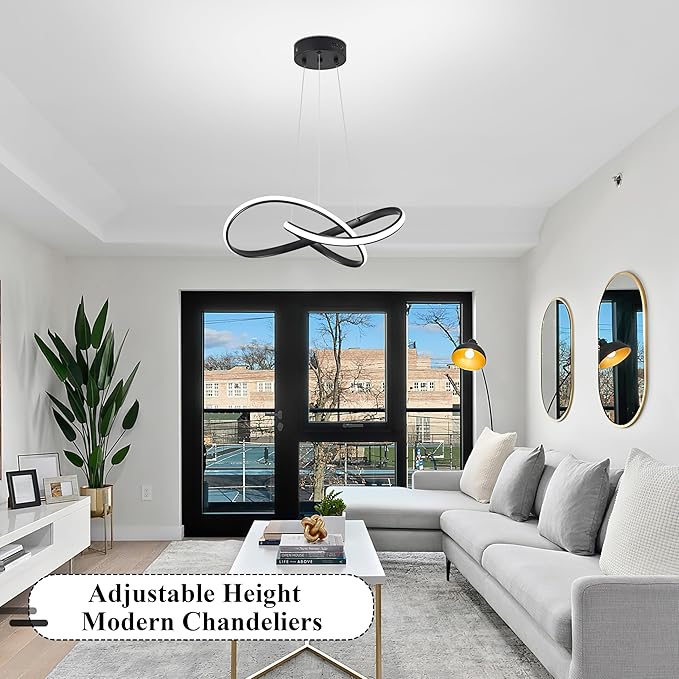 LED Chandelier Modern Pendant Light Contemporary Chandelier Ring Light Fixture Black with 3000K-6000K Dimmable Remote Control and 79in Height Adjustable for Dining Room Bedroom Living Room