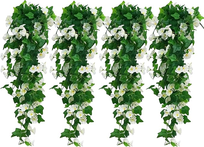 4 PCS Artificial Hanging White Flowers for Outdoors Faux Hanging Plants Outdoor Faux Outdoor Plants for Planters Look Real for Outside Home Indoor Porch Patio Yard Decor