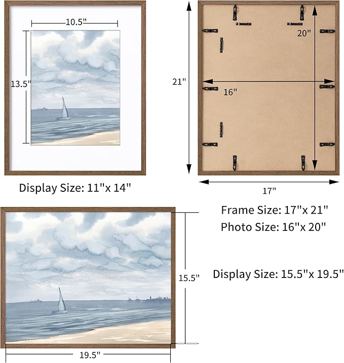 Axeman 16x20 Picture Frame with Mat for 11x14, Solid Oak Wood Poster Frame with Tempered Glass for Home Decor, Wooden 16x20inch Photo Frame for Art Photo and Prints, Set of 2, Walnut