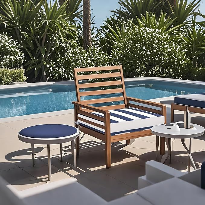 Outdoor Chair Cushion 18 x 18 x 3 Inch, Waterproof & 3-Year Fade Resistant Patio Furniture Cushions, Removable Cover and Adjustable Ties for Garden Sofa Couch (Sapphire Blue Cabana Stripe)