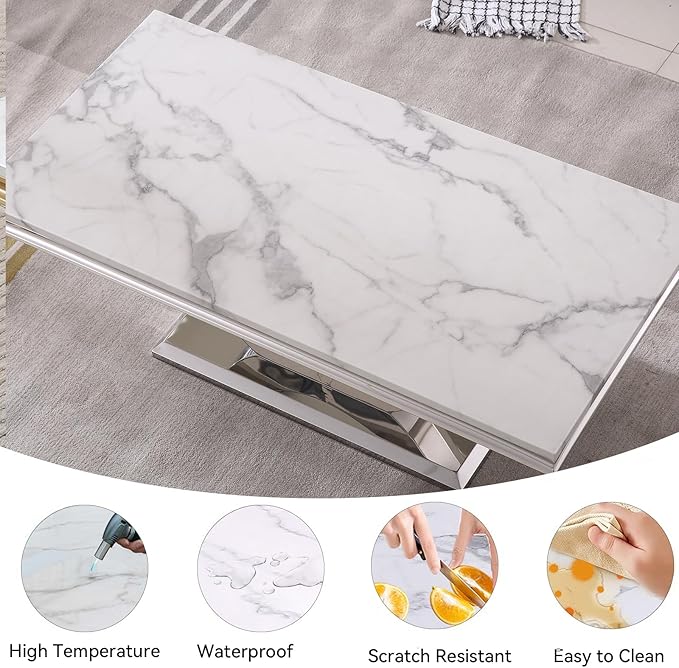 Modern Marble Coffee Table with Stainless Steel Pedestal, 47" Luxury Silver Coffee Table for Living Room, Unique Faux Marble Cocktail Table Rectangle Funky Coffee Center Tables for Living Room