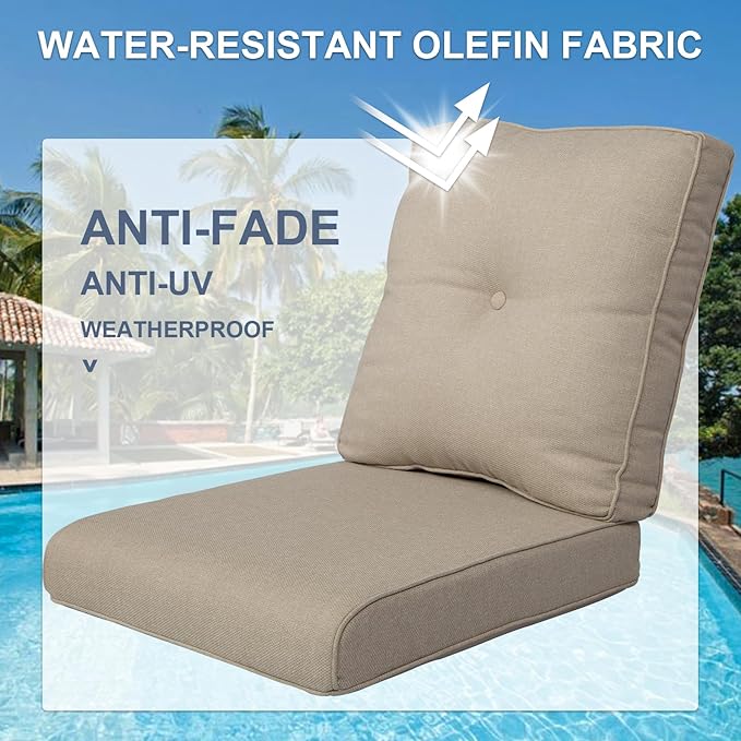 Patio Cushions for Outdoor Furniture - 22×24 Inches High Back and Deep Seating Outdoor Cushion for Patio Chairs Sofa Couch Loveseat Water Resistant(Beige/2 Set/Button)