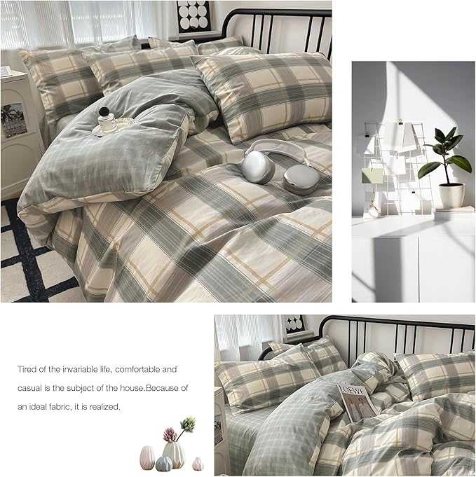 VM VOUGEMARKET Green Plaid Duvet Cover Sets Queen,3 Pieces Gingham Comforter Cover with Zipper Closure & Corner Ties for Men Boys Simple Modern Bedding Set (90"x90")