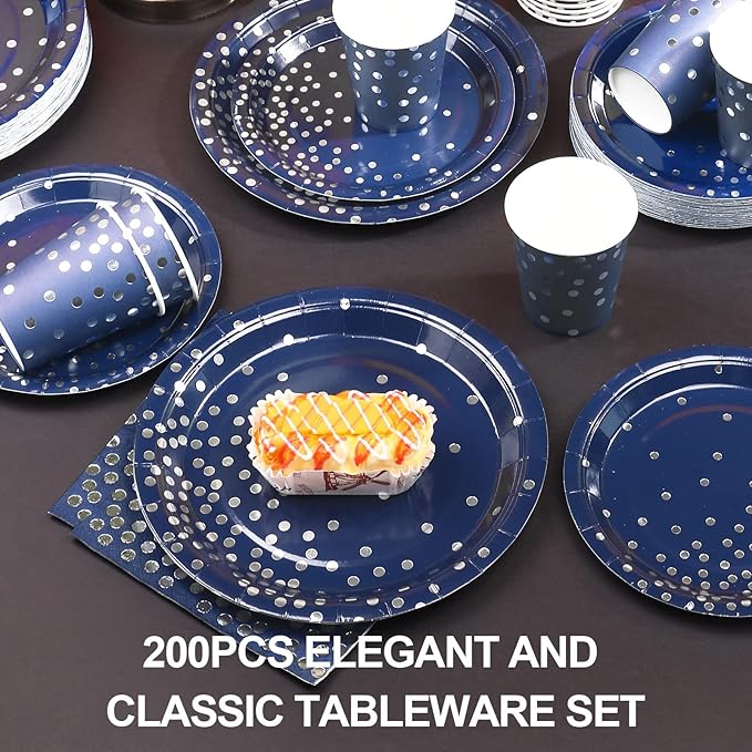200 Navy Blue Plates and Napkins Party Supplies - Serve 50 Guests, Blue and Silver Birthday Plates Disposable for Wedding Anniversary Retirement Graduation Decorations