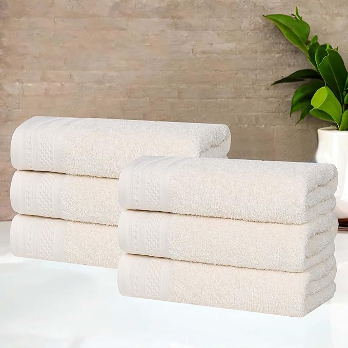 Superior Honeycomb Cotton Medium Weight Towels, for Guest Bath, Master Bathroom, Shower, Kitchen, Quick Dry, Adults, Home Essentials, Textured Waffle Border, Towel Set, Hand Towels, Set of 6, Ivory