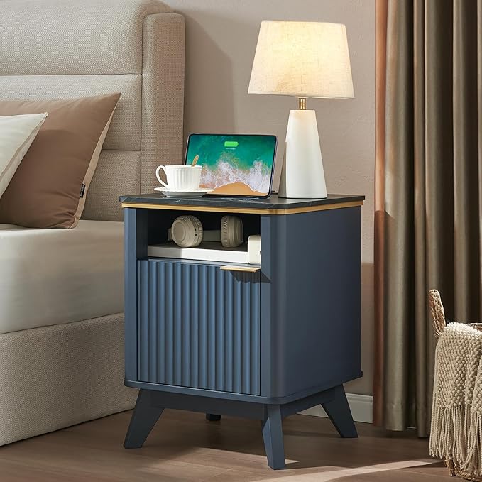 QUW Fluted Nightstand with Charging Station, Bedside Table with Open Storage and Cabinet, 18" Modern Side Table, End Table for Bedroom, Living Room, Navy Blue