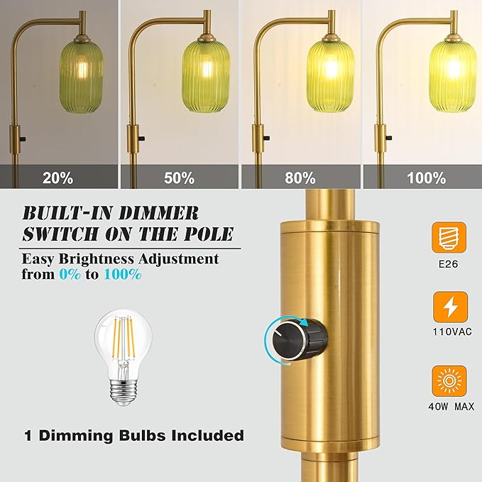 Dimmable Brass Gold Floor Lamp, Mid Century Modern Standing Lamp with Ribbed Green Glass Lampshade,Tall Lamp for Living Room Bedroom Study Room