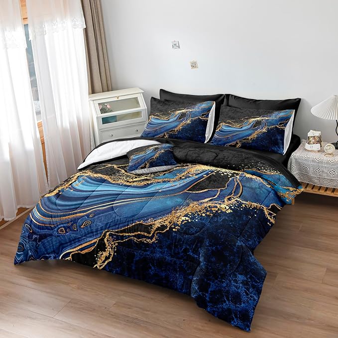 Black Gold Bedding Blue Marble Comforter Set 8 Pieces King Bed in a Bag with 1 Black and Blue Comforter, 1Flat Sheet, 1 Fitted Sheet, 4 Pillowcases, 1 Marble Cushion Cover