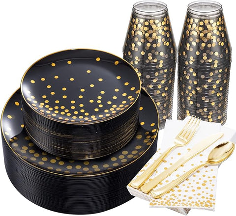 U-QE 350PCS Black and Gold Plastic Dinnerware Set - Graduation Plates and Napkins 2025 - Graduation Party Supplies Include Gold Dot Plastic Plates, Gold cutlery, Napkins, Cups(50 Guests)