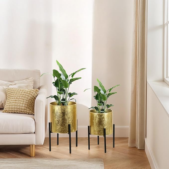 ARNIS Modern Plant Pots, Set of 2 Large Planters with Stand, Decorative Planters, Metal Pots with Drainage Holes for Living Room, Office, Garden or Balcony, 10.5 &12.55 Inch, Gold