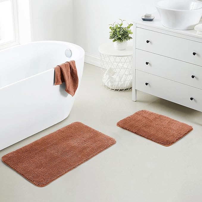 YHF Bathroom Rug Set 2 Piece, Extra Thick & Soft Microfiber Shaggy, Machine Washable Bath Mats, Absorbent Bath Rugs, Non-Slip Rubber Backing Bath Mat for Bathroom Floor, Tub and Shower, Rust