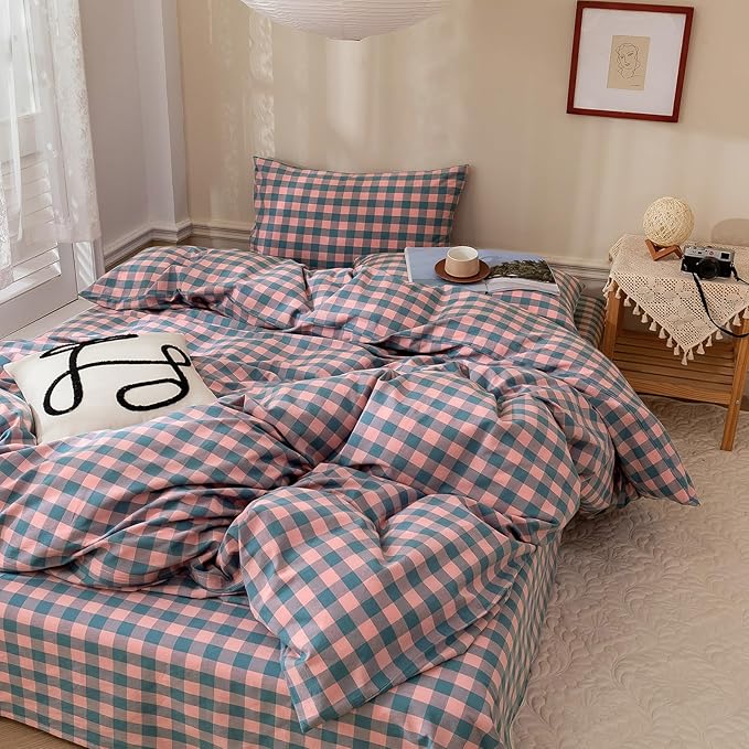VM VOUGEMARKET 3 Pieces Grid Duvet Cover Set Washed Cotton Pink Purple Blue Plaid Checker Printed Comforter Cover with Zipper Soft Lightweight & Breathable Quilt Cover Set King